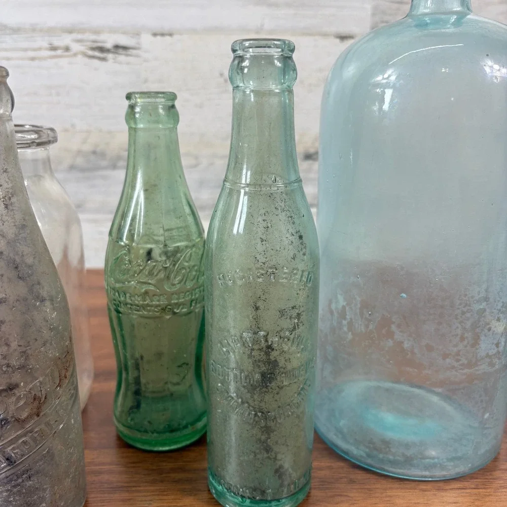 Antique Bottles Aqua, Coca Cola Glass, Dr. Pepper Late 1800's - 1930's  Lot Of 6